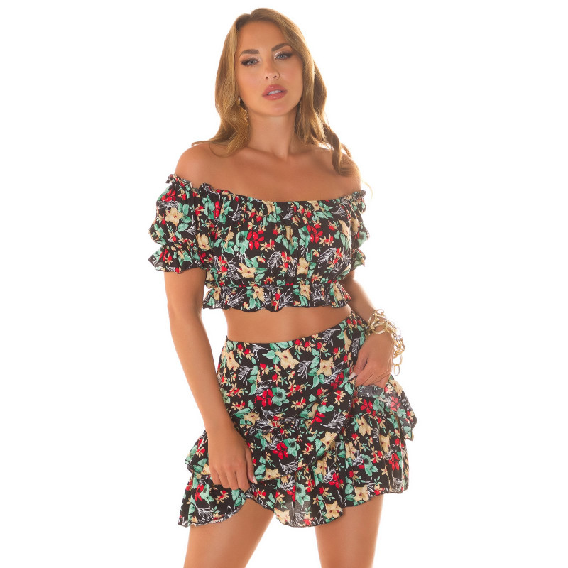 Koucla musta kukkakuvioinen off-shoulder hamesetti