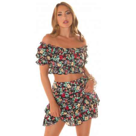 Koucla musta kukkakuvioinen off-shoulder hamesetti