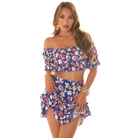Koucla sininen kukkakuvioinen off-shoulder hamesetti