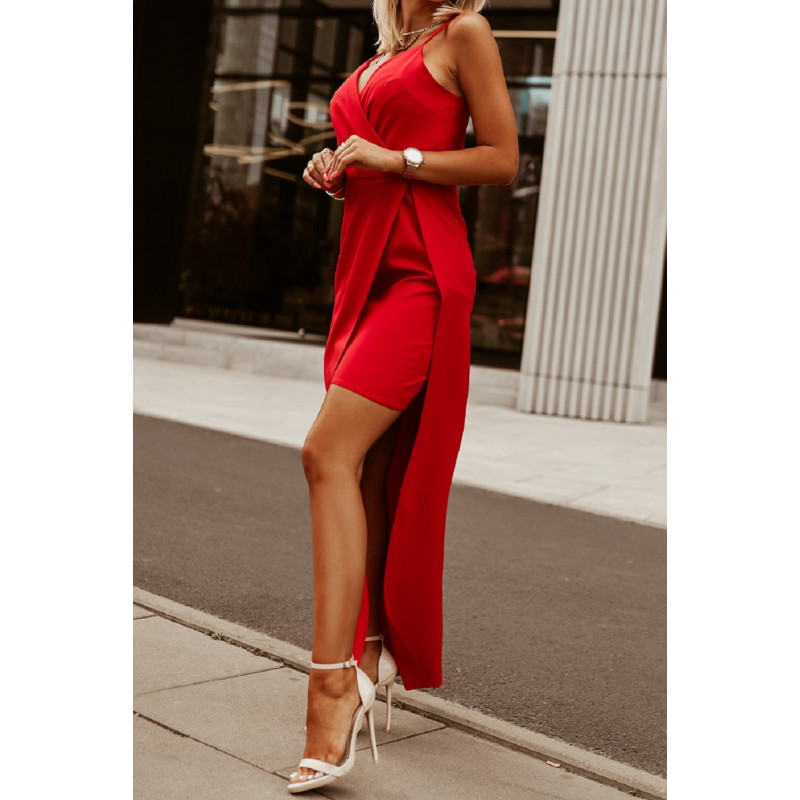 Punainen wrap-look v-mekko halkiolla – kuva 3