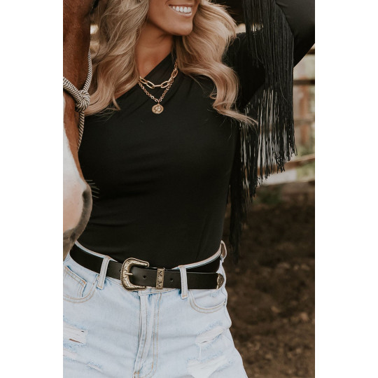 Black one-sleeved bodysuit...