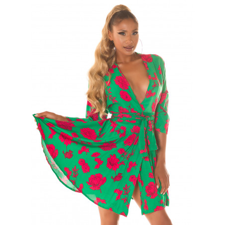 Grön-röd blommig mönster wrap look v-klänning