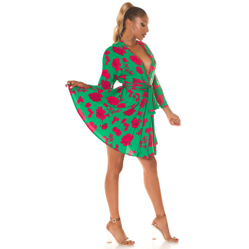 Vihreäpunainen kukkakuvioinen wrap-look v-mekko – kuva 3