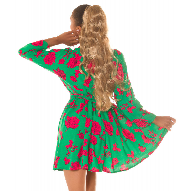 Vihreäpunainen kukkakuvioinen wrap-look v-mekko – kuva 2