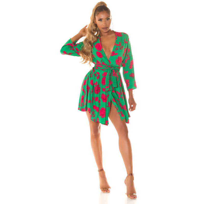 Vihreäpunainen kukkakuvioinen wrap-look v-mekko – kuva 4