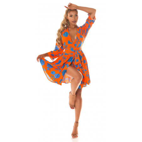 Orange-blå blommönster wrap look v-dress