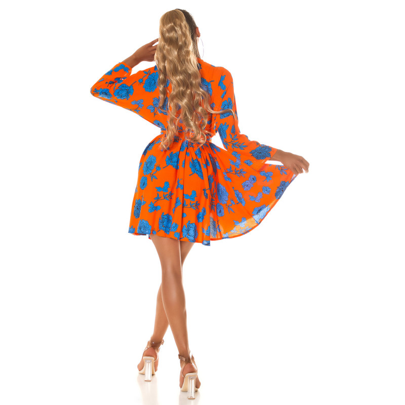 Oranssisininen kukkakuvioinen wrap-look v-mekko – kuva 2