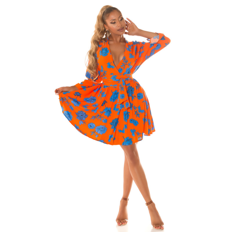 Oranssisininen kukkakuvioinen wrap-look v-mekko – kuva 4
