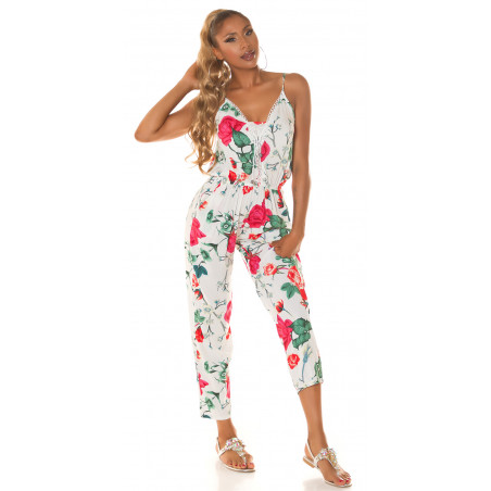 Vit blommig jumpsuit med snörning