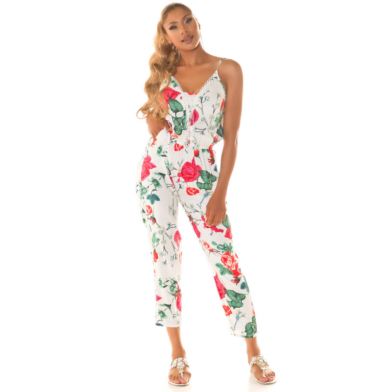 Valkoinen kukkakuvioinen jumpsuit nyörityksellä – kuva 4