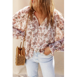 White-pink floral pattern bag-sleeved blouse