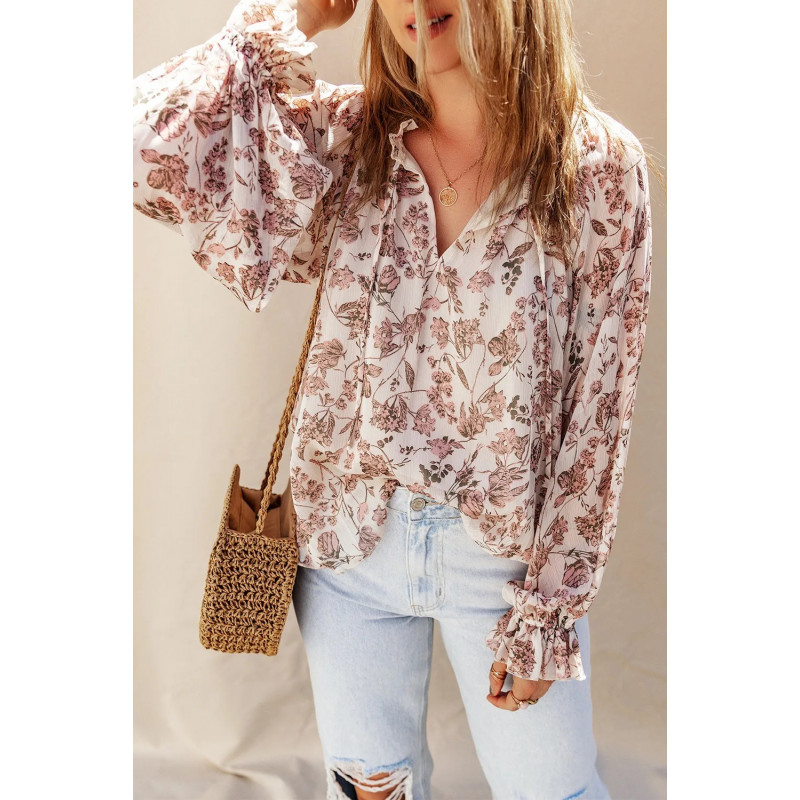 Vitrosa påsärmad blus med blommönster – kuva 4