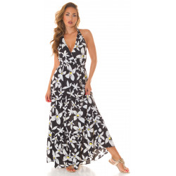 Koucla black floral pattern halterneck V-maxi dress