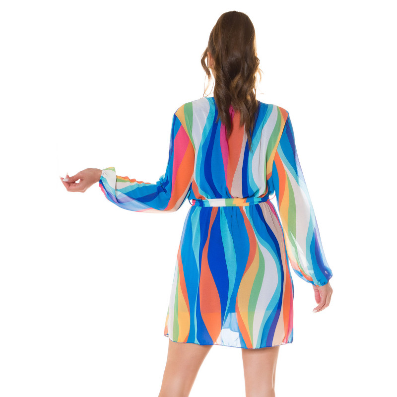 Sininen multiraidallinen wrap-look v-mekko vyöllä – kuva 2