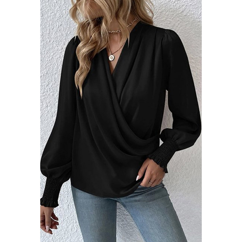 Svart väska-ärmad wrap-look v-blus – kuva 3