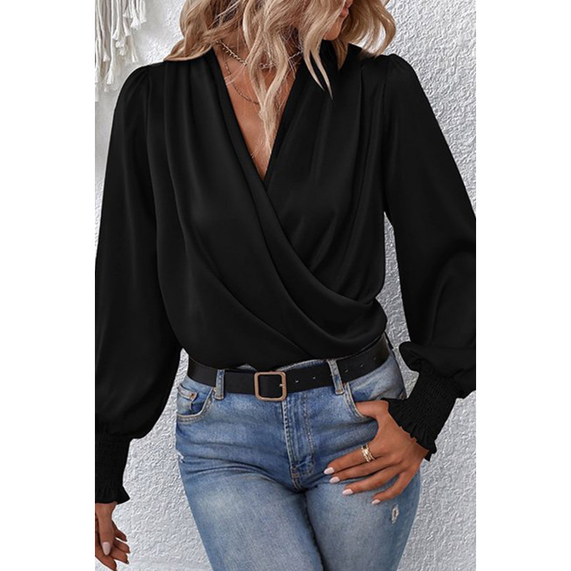 Svart väska-ärmad wrap-look v-blus – kuva 4