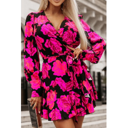 Black-pink rose-patterned v-wrap dress with belt