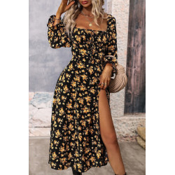 Black and yellow floral pattern baggy sleeved dress with slit