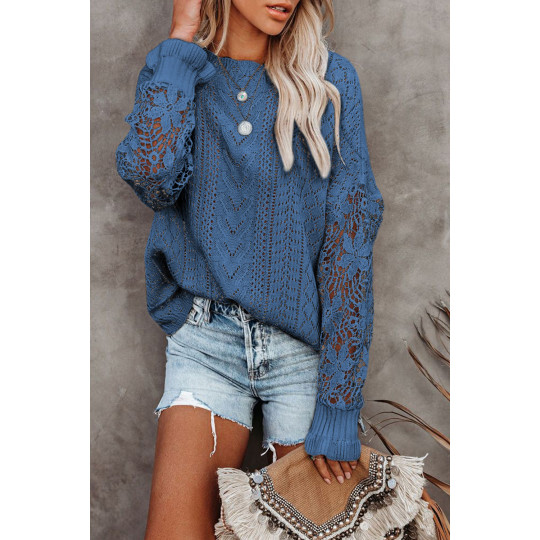 Blue sweater with crocheted...