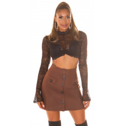 Brown high-waisted skirt with buttons and decorative pockets