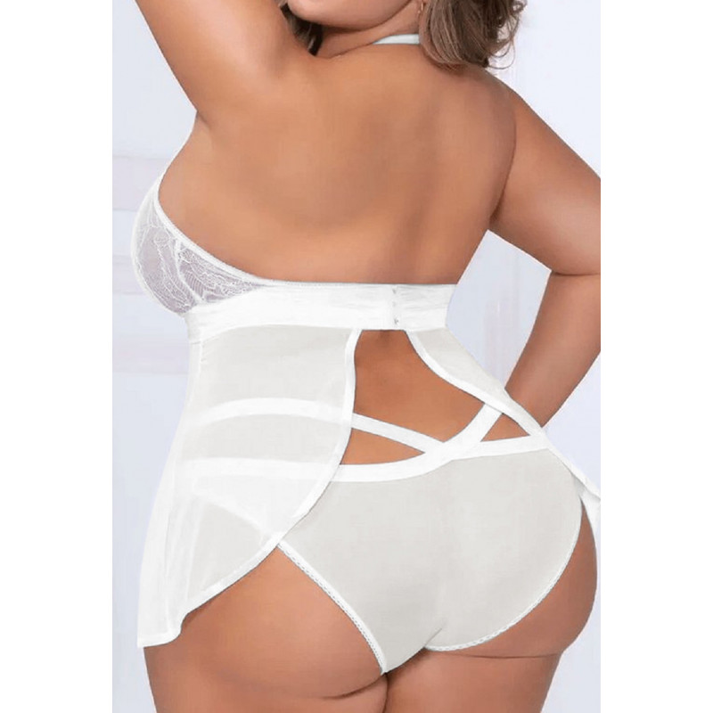 Valkoinen pitsikoristeinen mesh-babydoll kurkistusaukolla (plus size) – kuva 2