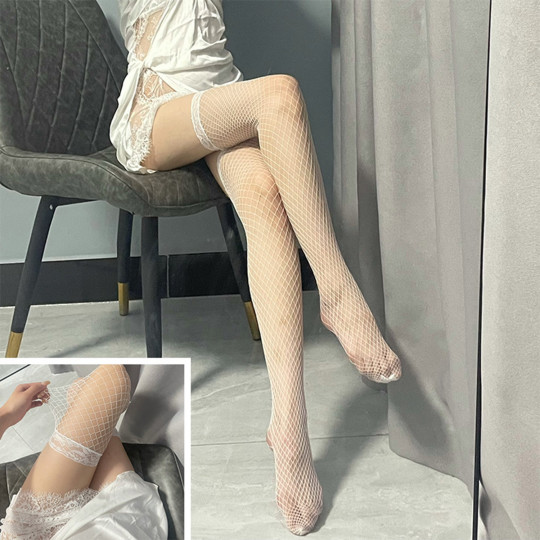 White lace trimmed fishnet...