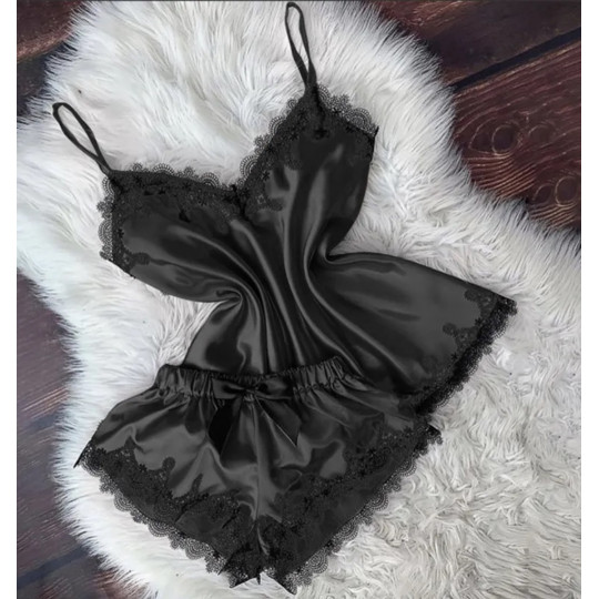 Black lace embellished silk...