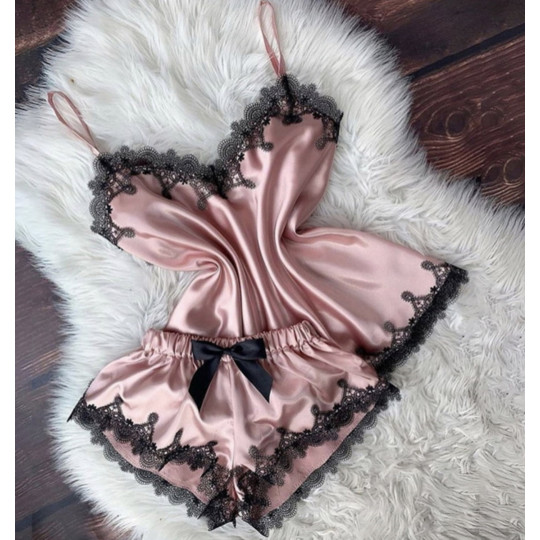Pink lace silk look pajama set
