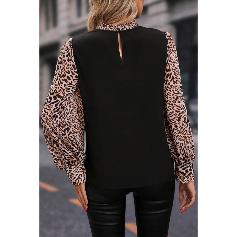 Svart/leopardmönstrad blus med bagärm – kuva 2