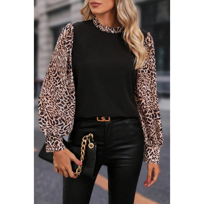 Svart/leopardmönstrad blus med bagärm – kuva 4