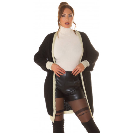 Svart oversized lång ullkappa med accentfärg