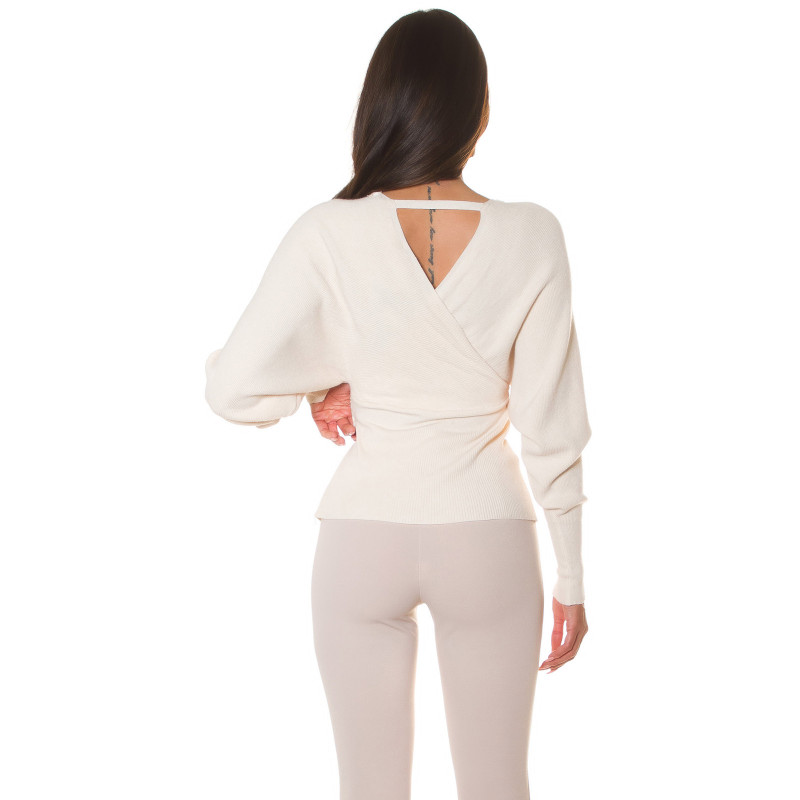 Beige dekorativ fladdermusärm omlott look v-tröja – kuva 2