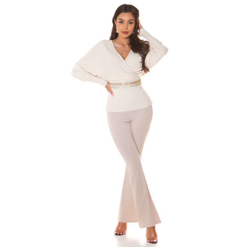 Beige dekorativ fladdermusärm omlott look v-tröja – kuva 3