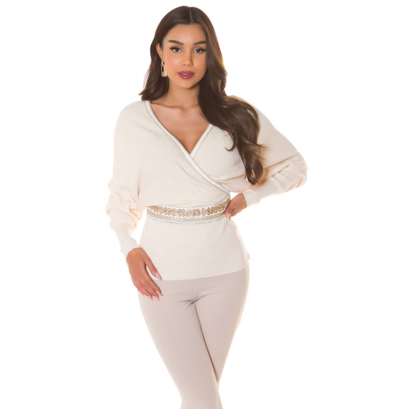 Beige koristeinen lepakkohihainen wrap-look v-neule – kuva 4