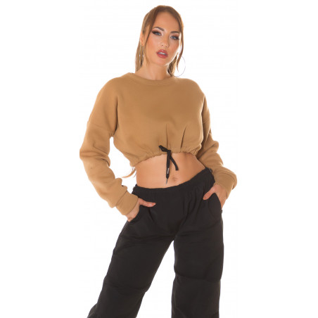 Cappuccino crop sweatshirt med snörning