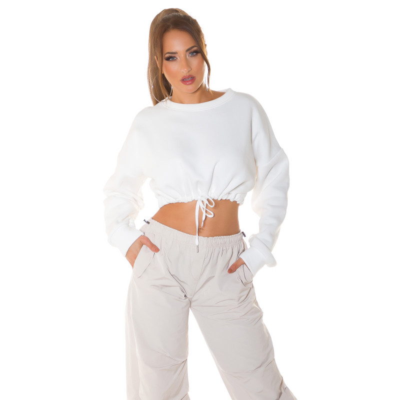 Valkoinen crop collegepaita nauhoilla