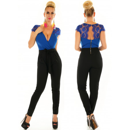 Blåsvart jumpsuit med spetsdetaljer och v-ringning
