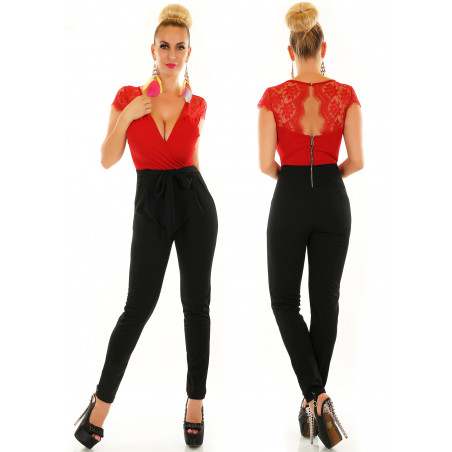 Rödsvart spetsdekorerad v-jumpsuit