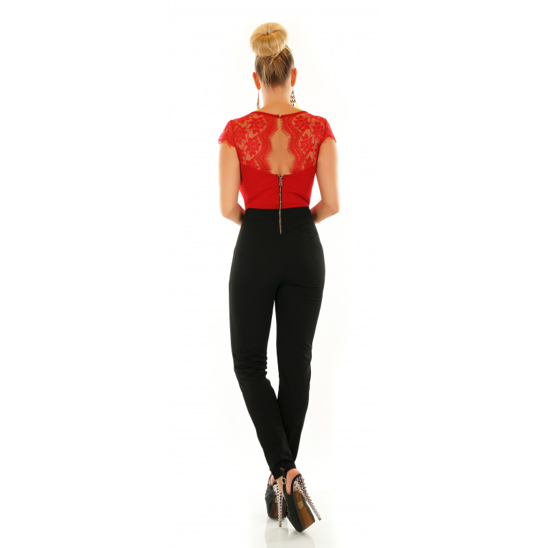 Rödsvart spetsdekorerad v-jumpsuit – kuva 3