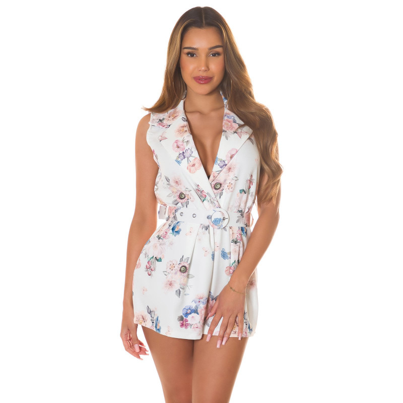 Koucla vit blommönstrad v-playsuit med skärp