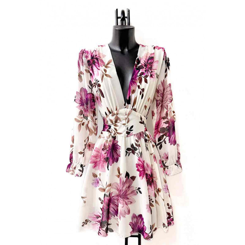 Elle Style Juliette vit blommönstrad klänning med pärlknappar