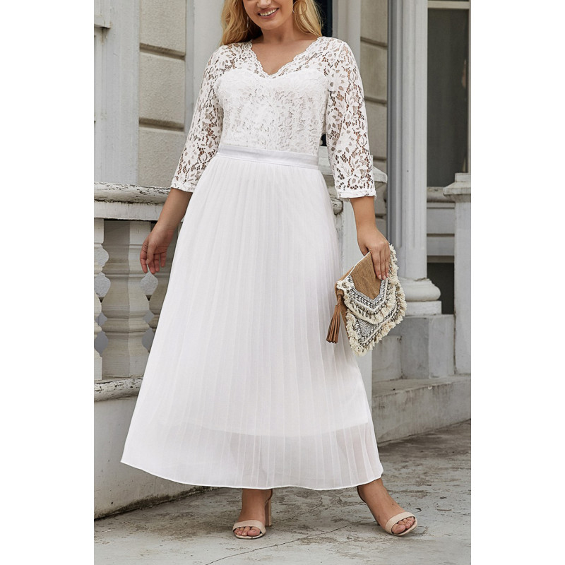 Valkoinen pitsikoristeinen vekkijuhlamekko (plus size)