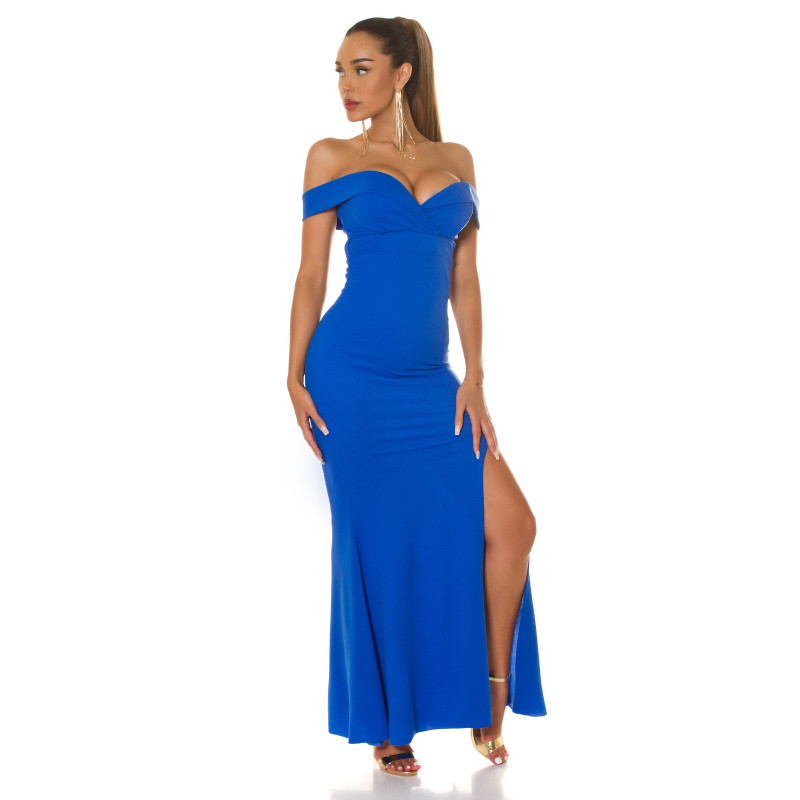 Koucla sininen off-shoulder pitkä juhlamekko halkiolla – kuva 4