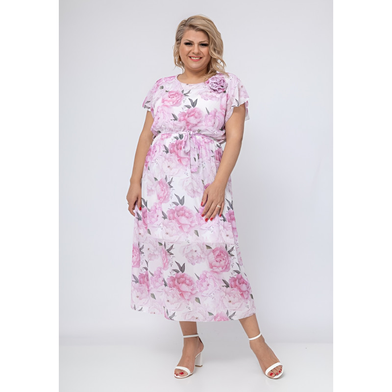EF valkoinen ruusukuvioinen mekko vyöllä (plus size)