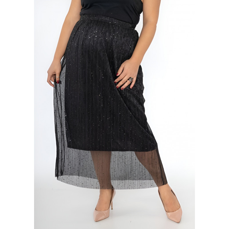 2W Paris svart paljettdekorerad mesh-maxikjol (plus size)