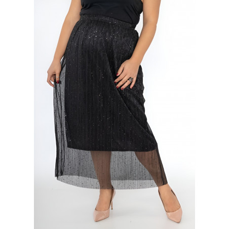 2W Paris svart paljettdekorerad mesh-maxikjol (plus size)