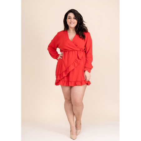 Kazaka röd långärmad wrap-look v-minklänning (plus size)