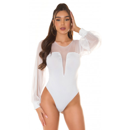 Koucla vit mesh-body med puffärmar