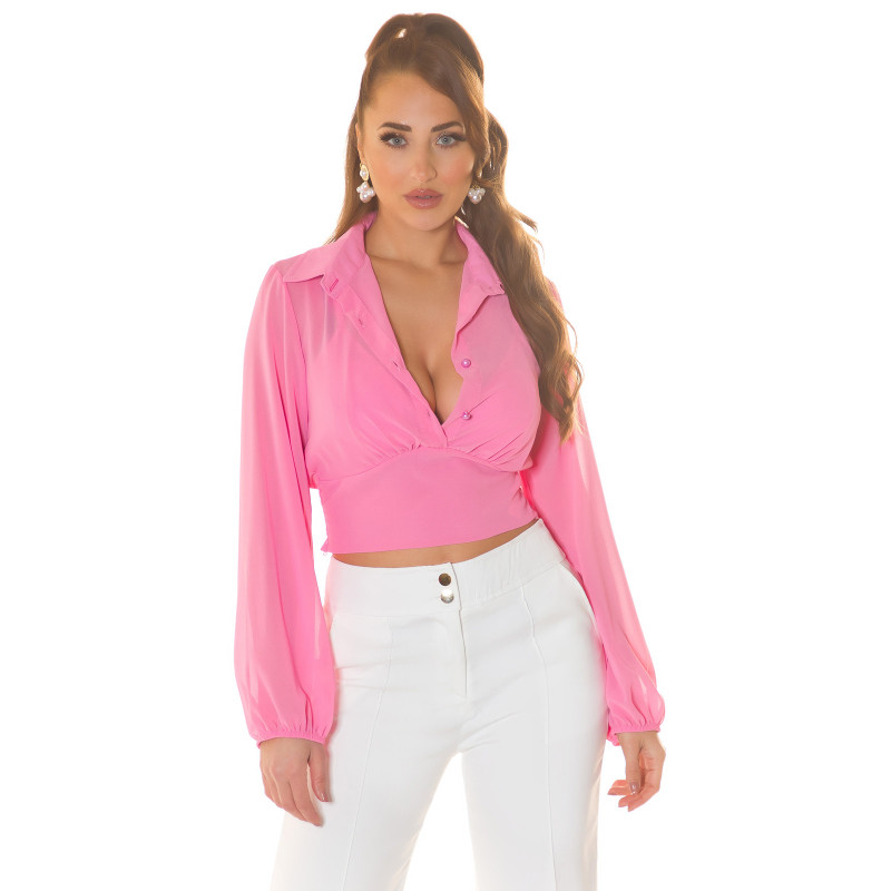 Koucla rosa kort v-blus med puffärmar