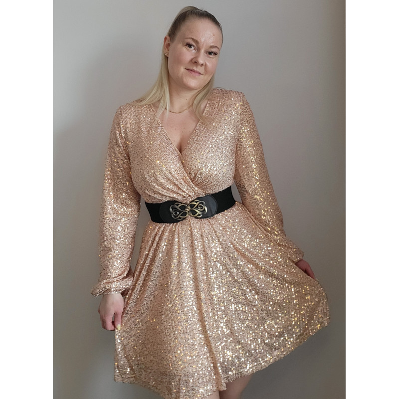Aprikos Långärmad Wrap-Look V-Paljettklänning – kuva 4